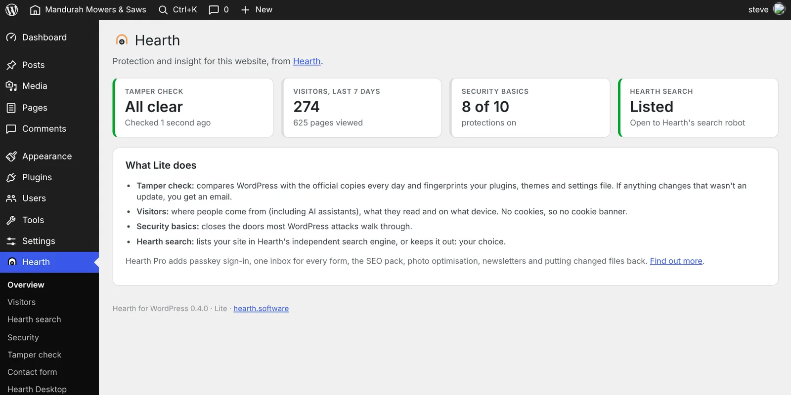 The Hearth overview screen in WordPress: tamper check all clear, 274 visitors in the last 7 days, 8 of 10 security protections on, and listed in Hearth search.