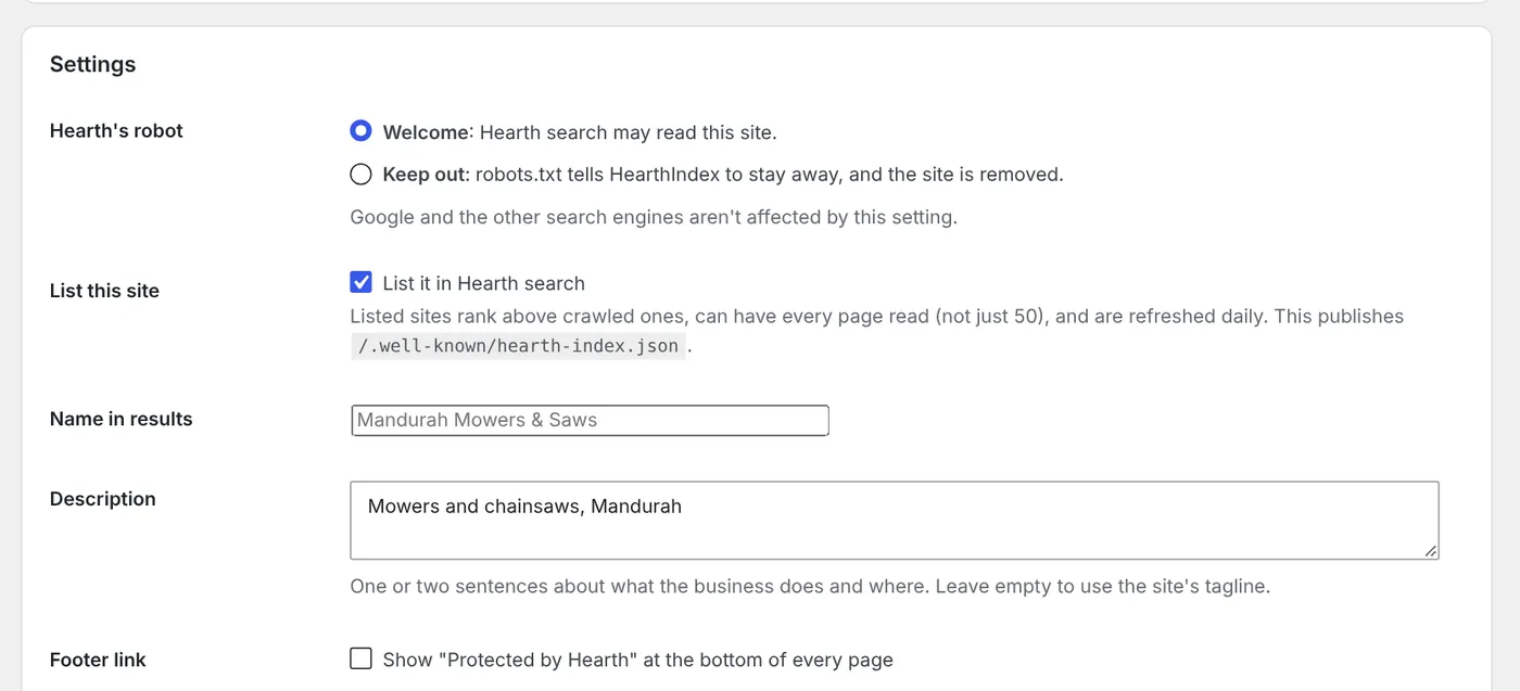 The Hearth search settings: Hearth's robot set to Welcome, List it in Hearth search ticked, and the name and description shown in results.