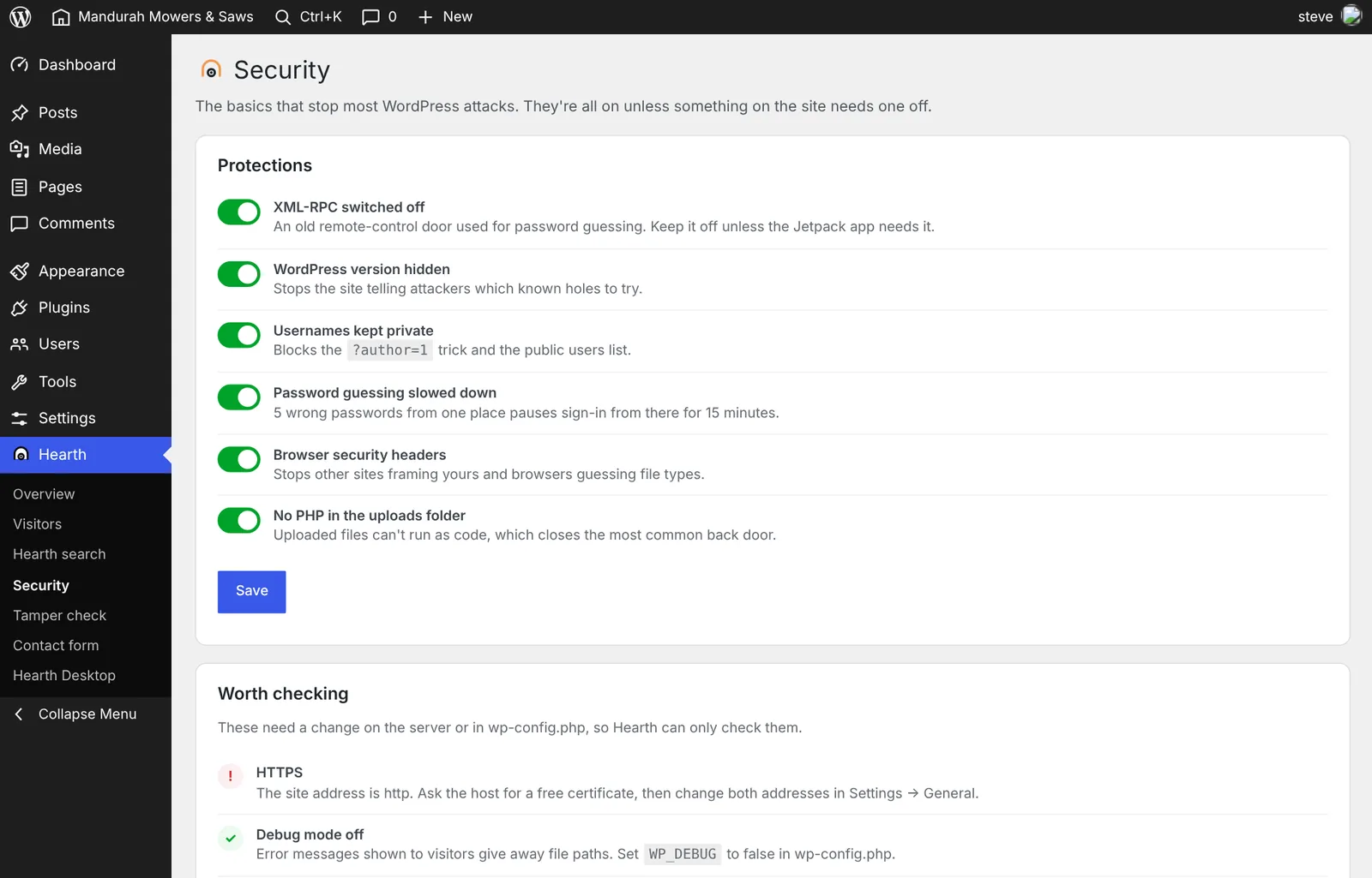The Security screen with switches for XML-RPC, hiding the WordPress version, keeping usernames private, limiting sign-in attempts, security headers and blocking PHP in uploads.