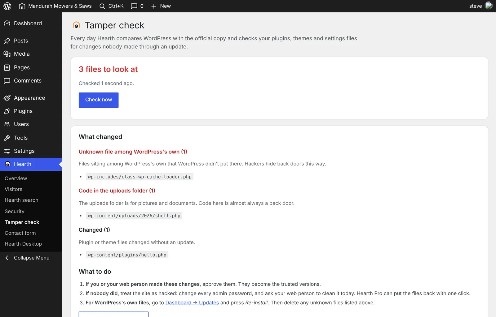 The tamper check screen listing 3 files to look at: an unknown file in wp-includes, a PHP file in the uploads folder, and a changed plugin file, with steps for what to do.